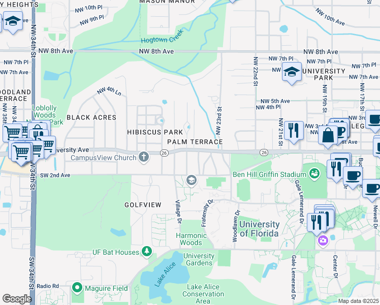 map of restaurants, bars, coffee shops, grocery stores, and more near 3 Southwest 24 Street in Gainesville