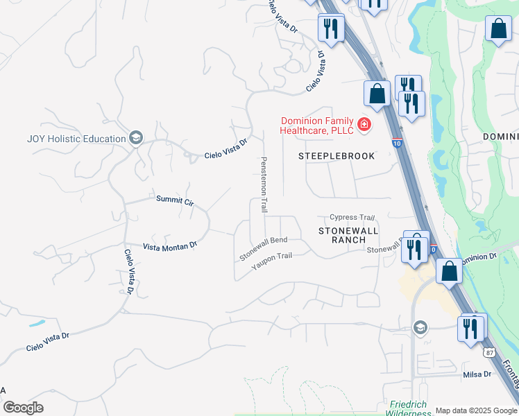 map of restaurants, bars, coffee shops, grocery stores, and more near 511 Penstemon Trail in San Antonio