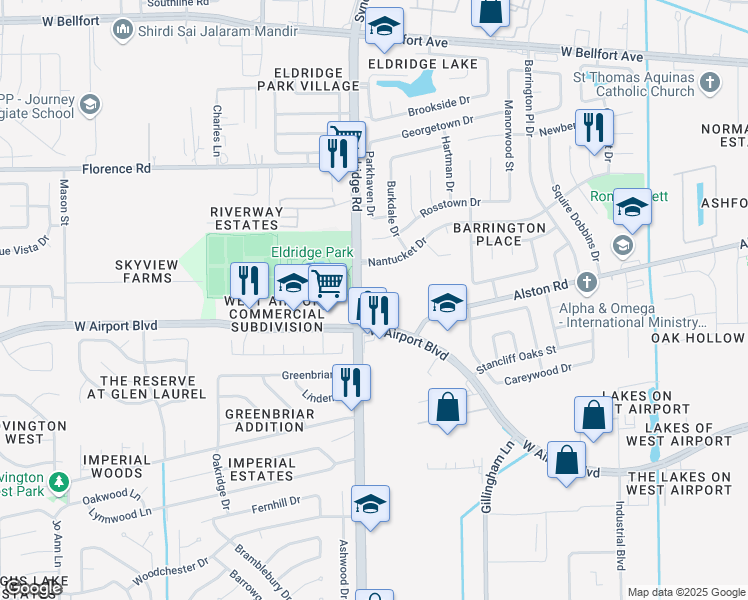 map of restaurants, bars, coffee shops, grocery stores, and more near 2158 Eldridge Road in Sugar Land