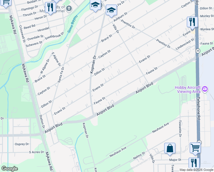 map of restaurants, bars, coffee shops, grocery stores, and more near 7048 Evans Street in Houston