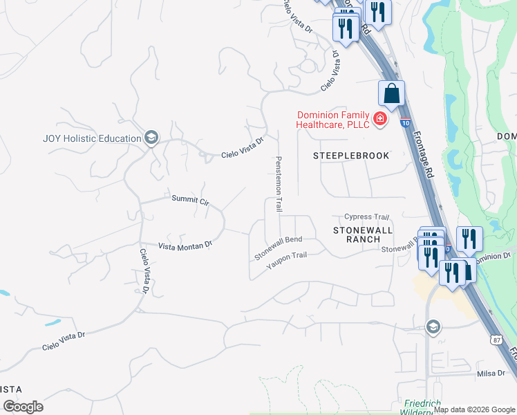 map of restaurants, bars, coffee shops, grocery stores, and more near 511 Sand Ash Trail in San Antonio
