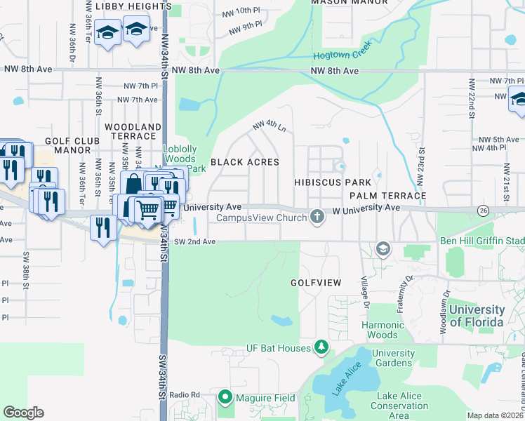 map of restaurants, bars, coffee shops, grocery stores, and more near 2861 West University Avenue in Gainesville