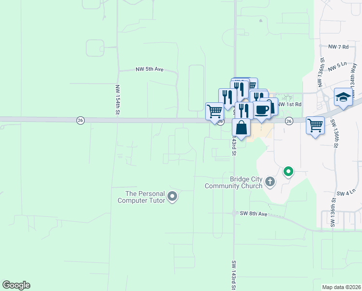 map of restaurants, bars, coffee shops, grocery stores, and more near Northwest 148 Terrace in Alachua County
