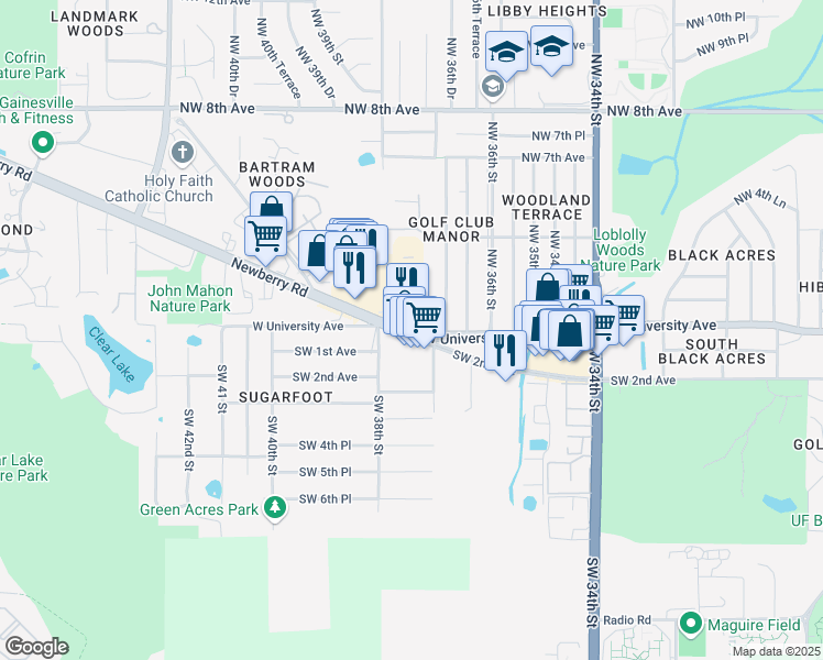 map of restaurants, bars, coffee shops, grocery stores, and more near 3702 West Newberry Road in Gainesville
