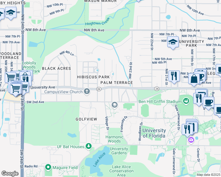 map of restaurants, bars, coffee shops, grocery stores, and more near 4 Southwest 24 Street in Gainesville