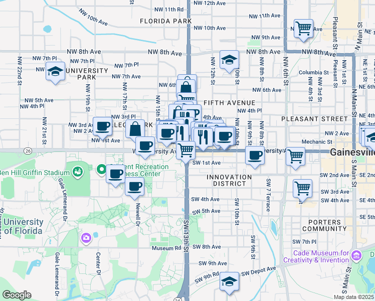 map of restaurants, bars, coffee shops, grocery stores, and more near in Gainesville