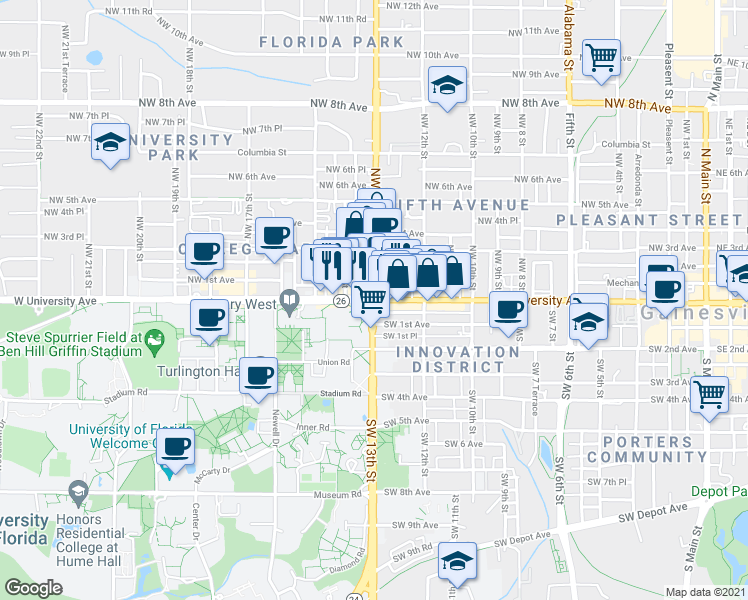 map of restaurants, bars, coffee shops, grocery stores, and more near NW 13th St & W University Ave in Gainesville