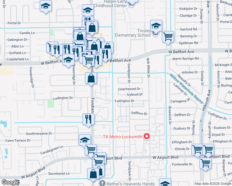 map of restaurants, bars, coffee shops, grocery stores, and more near 6458 Coachwood Drive in Houston