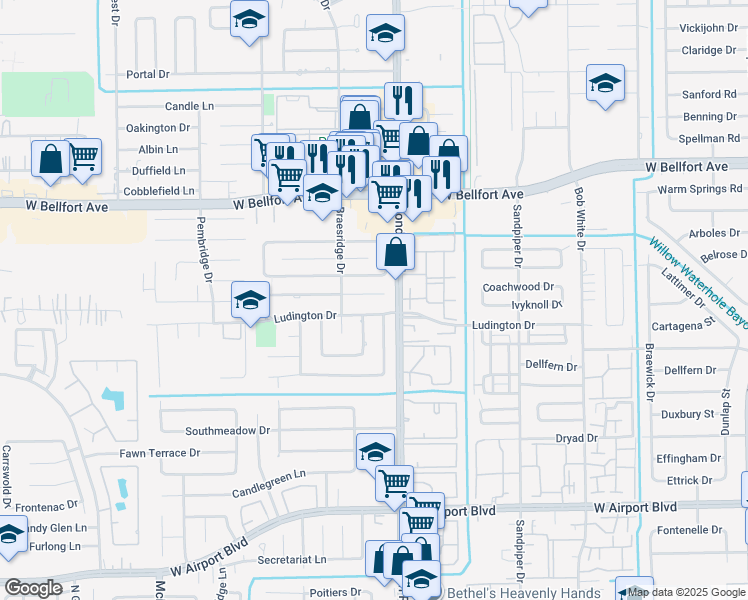 map of restaurants, bars, coffee shops, grocery stores, and more near 7515 Coachwood Drive in Houston