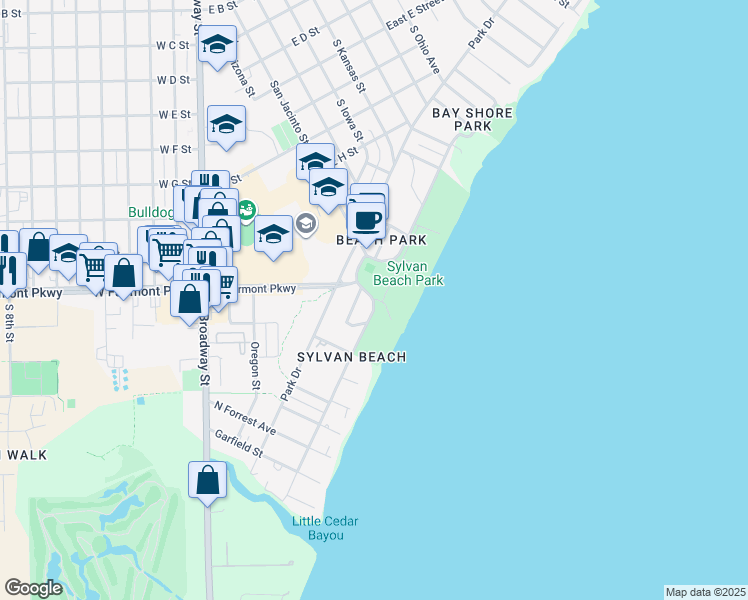 map of restaurants, bars, coffee shops, grocery stores, and more near 576 Bayshore Drive in La Porte