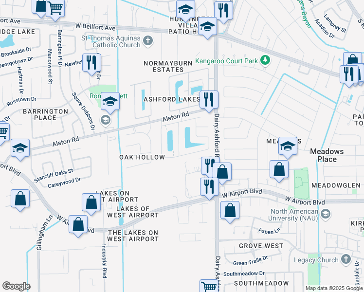map of restaurants, bars, coffee shops, grocery stores, and more near 11443 Ashford Willow in Sugar Land