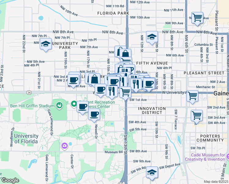 map of restaurants, bars, coffee shops, grocery stores, and more near 1400 West University Avenue in Gainesville