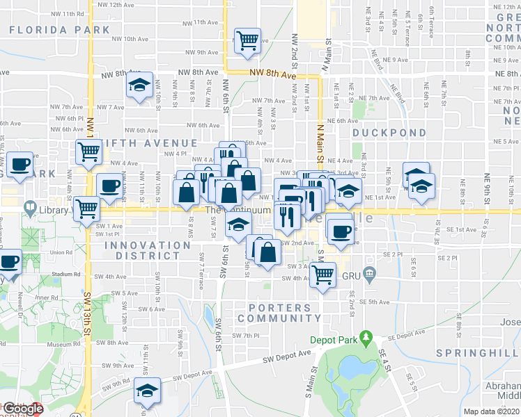 map of restaurants, bars, coffee shops, grocery stores, and more near 413 Florida 24 in Gainesville