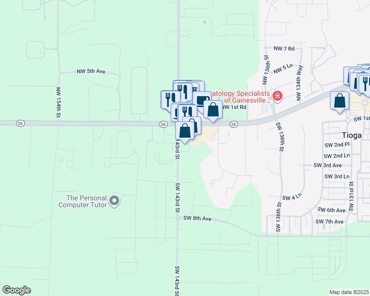map of restaurants, bars, coffee shops, grocery stores, and more near 251 Southwest 143rd Street in Newberry