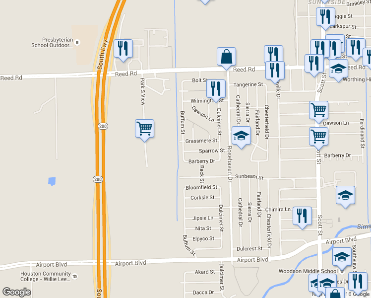 map of restaurants, bars, coffee shops, grocery stores, and more near 9718 Buffum Street in Houston