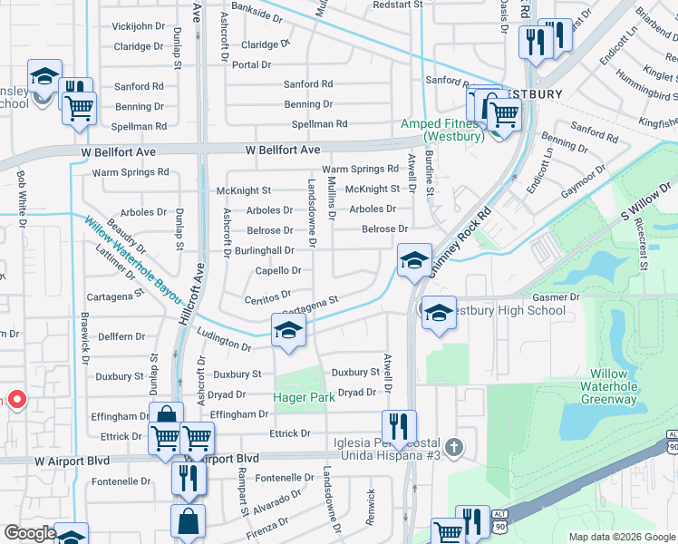 map of restaurants, bars, coffee shops, grocery stores, and more near 5634 Cerritos Drive in Houston