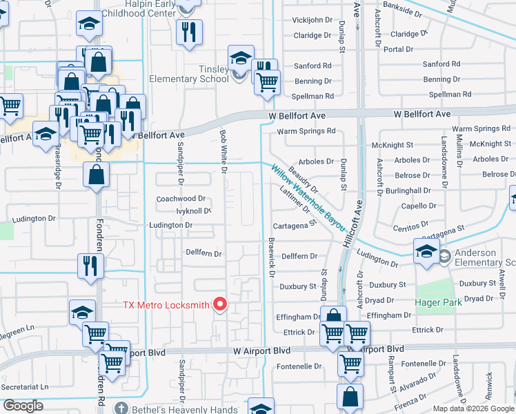 map of restaurants, bars, coffee shops, grocery stores, and more near 11702 Bowlan Lane in Houston