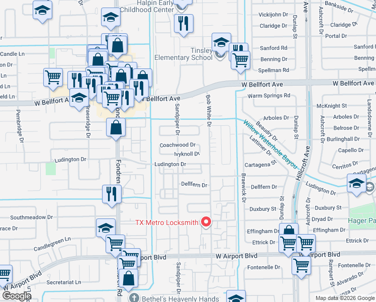 map of restaurants, bars, coffee shops, grocery stores, and more near 6346 Ivyknoll Drive in Houston