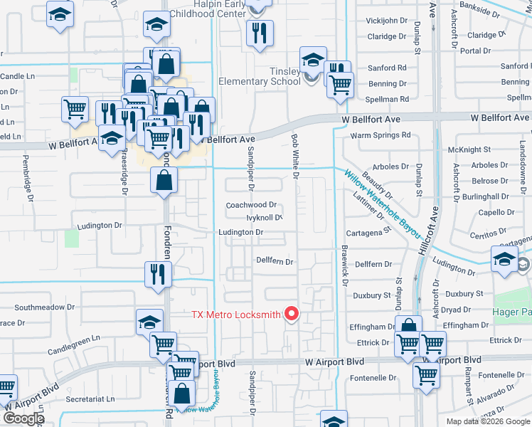 map of restaurants, bars, coffee shops, grocery stores, and more near 6346 Ivyknoll Drive in Houston