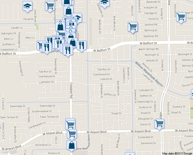 map of restaurants, bars, coffee shops, grocery stores, and more near 6402 Ivyknoll Drive in Houston
