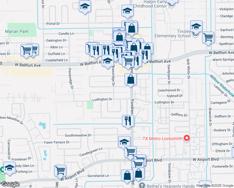 map of restaurants, bars, coffee shops, grocery stores, and more near 7603 Coachwood Drive in Houston