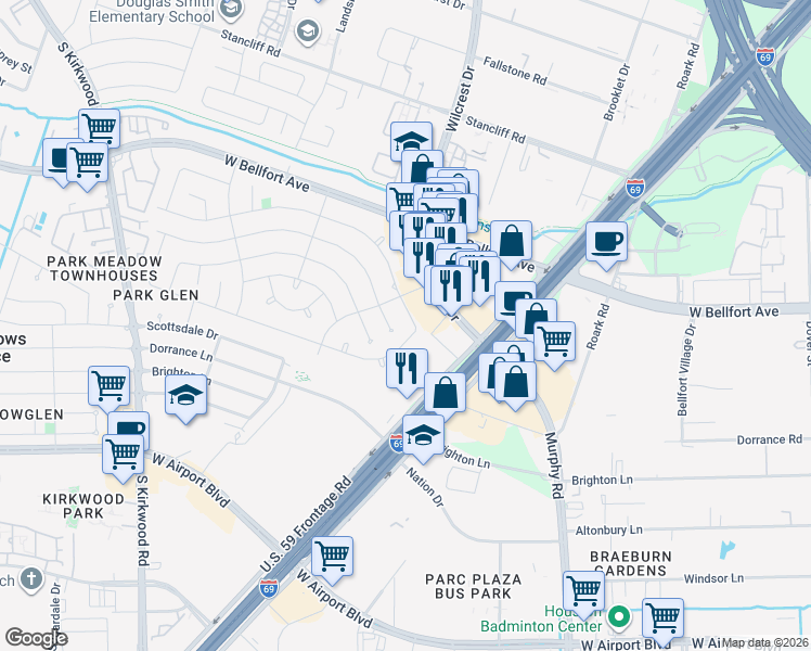 map of restaurants, bars, coffee shops, grocery stores, and more near 10806 Vanderford Drive in Houston