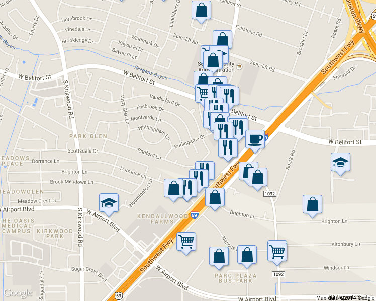 map of restaurants, bars, coffee shops, grocery stores, and more near 10811 Ensbrook Drive in Houston