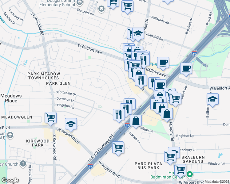 map of restaurants, bars, coffee shops, grocery stores, and more near 11811 Burlingame Drive in Houston