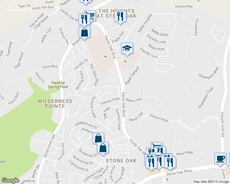 map of restaurants, bars, coffee shops, grocery stores, and more near 28019 Rocky Hollow in San Antonio