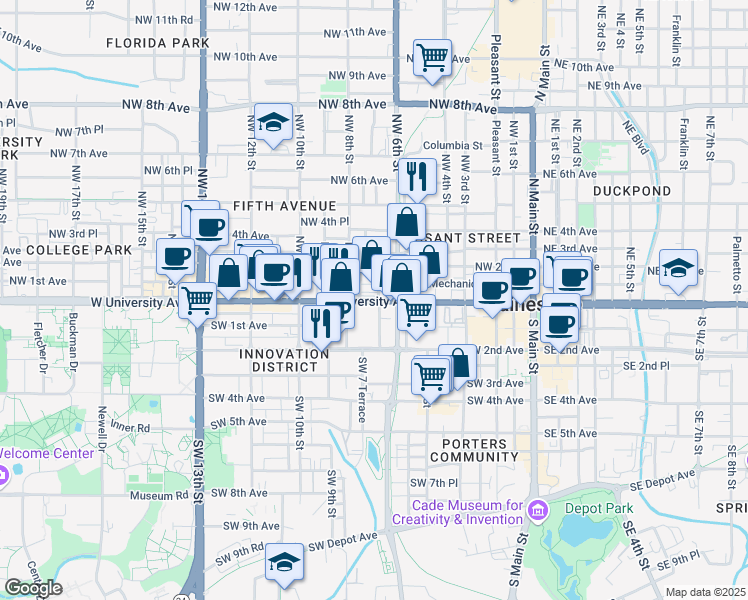 map of restaurants, bars, coffee shops, grocery stores, and more near in Gainesville