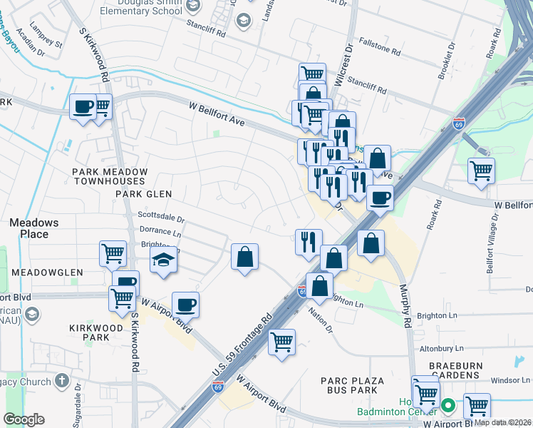 map of restaurants, bars, coffee shops, grocery stores, and more near 11811 Burlingame Drive in Houston