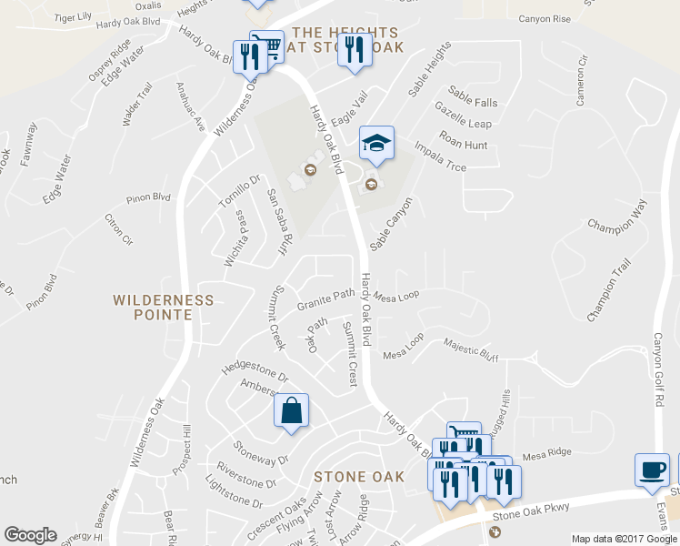 map of restaurants, bars, coffee shops, grocery stores, and more near 28019 Rocky Hollow in San Antonio