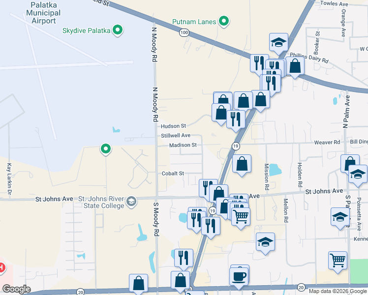 map of restaurants, bars, coffee shops, grocery stores, and more near 4409 Madison Street in Palatka