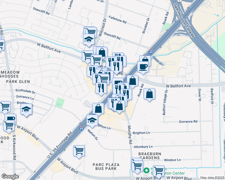 map of restaurants, bars, coffee shops, grocery stores, and more near 11642 Southwest Freeway in Houston