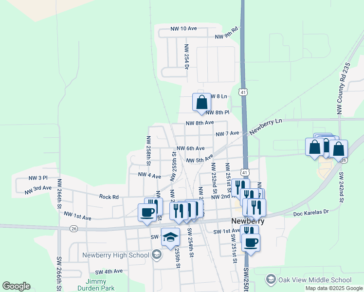 map of restaurants, bars, coffee shops, grocery stores, and more near 610 Northwest 254 Street in Newberry