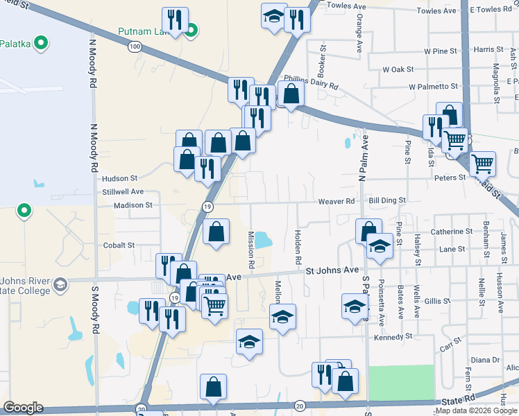 map of restaurants, bars, coffee shops, grocery stores, and more near 3615 Weaver Road in Palatka
