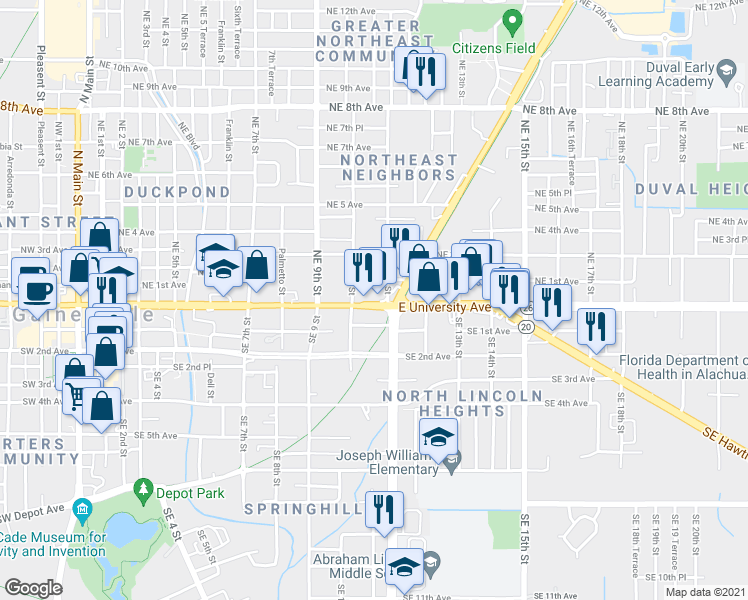 map of restaurants, bars, coffee shops, grocery stores, and more near 1030 E University Ave in Gainesville