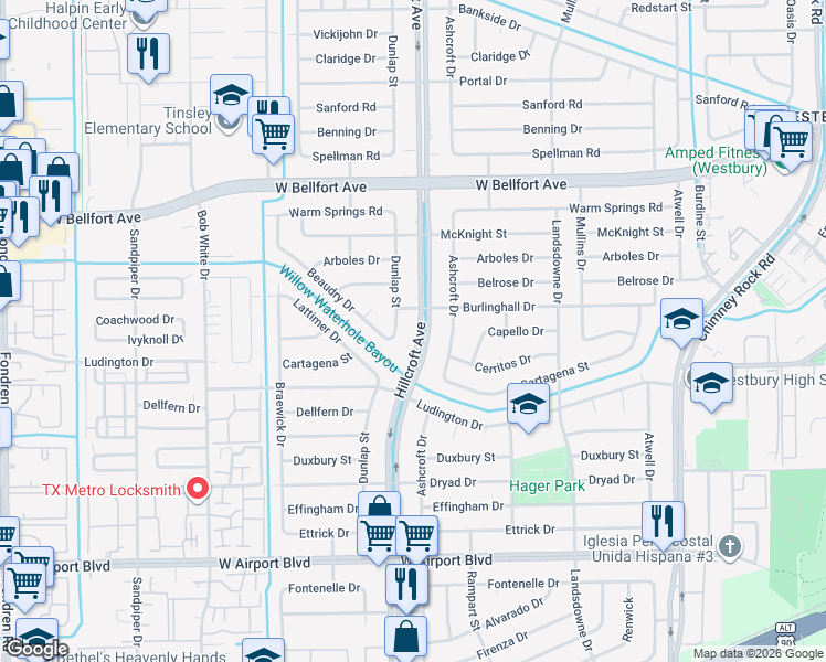 map of restaurants, bars, coffee shops, grocery stores, and more near 11615 Dunlap Street in Houston