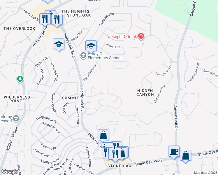 map of restaurants, bars, coffee shops, grocery stores, and more near 1411 Mesa Creek in San Antonio