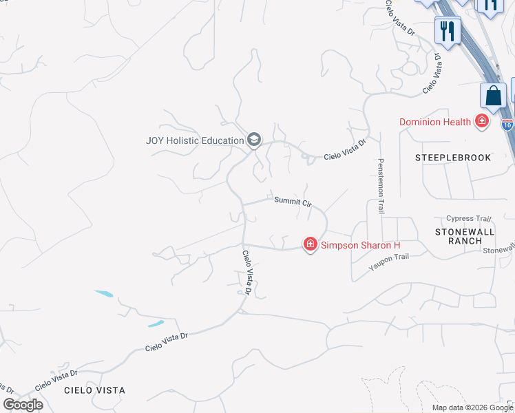 map of restaurants, bars, coffee shops, grocery stores, and more near 22510 Cielo Vista Drive in San Antonio