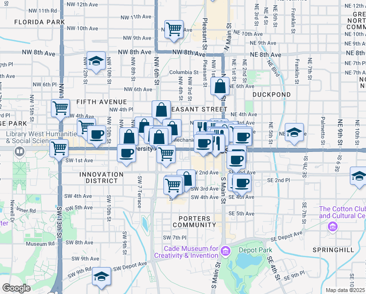 map of restaurants, bars, coffee shops, grocery stores, and more near 308 West University Avenue in Gainesville