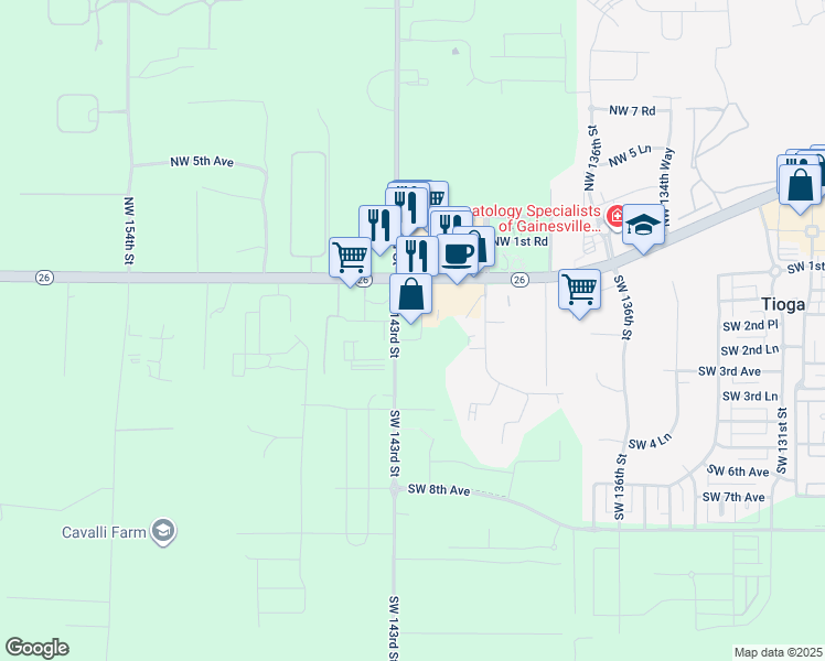 map of restaurants, bars, coffee shops, grocery stores, and more near 251 Southwest 143rd Street in Newberry