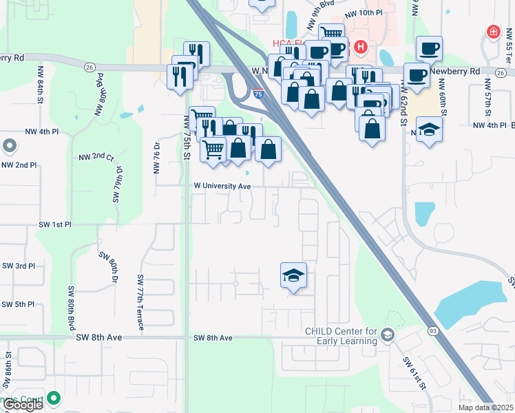 map of restaurants, bars, coffee shops, grocery stores, and more near 6929 West University Avenue in Gainesville