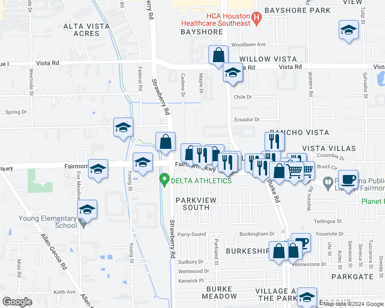 map of restaurants, bars, coffee shops, grocery stores, and more near 3663 Fairmont Parkway in Pasadena