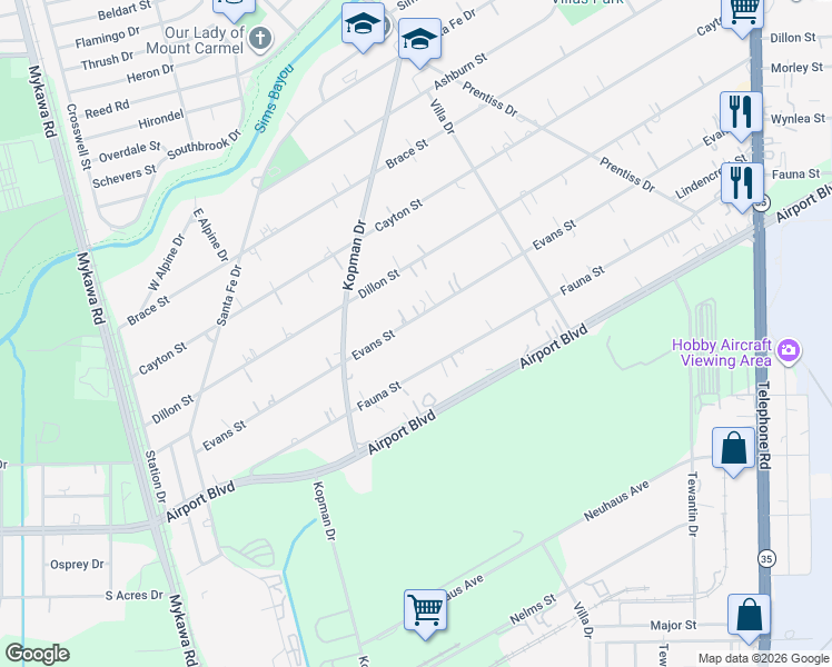 map of restaurants, bars, coffee shops, grocery stores, and more near 7048 Evans Street in Houston
