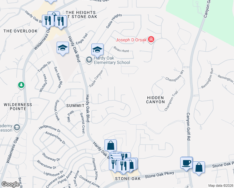 map of restaurants, bars, coffee shops, grocery stores, and more near 1411 Mesa Creek in San Antonio