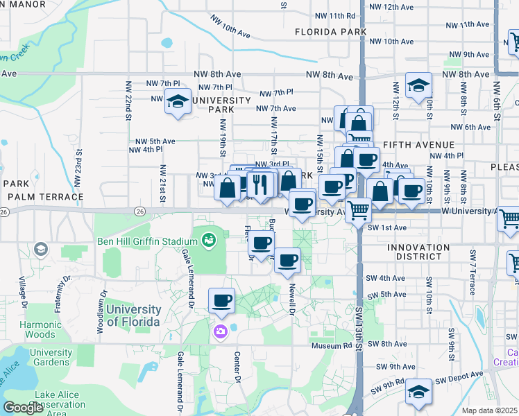 map of restaurants, bars, coffee shops, grocery stores, and more near 1728A West University Avenue in Gainesville