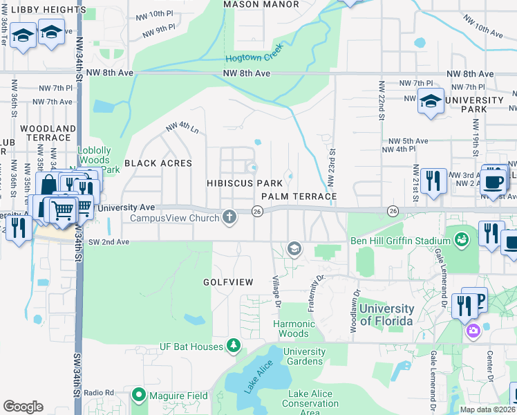 map of restaurants, bars, coffee shops, grocery stores, and more near 2618 West University Avenue in Gainesville
