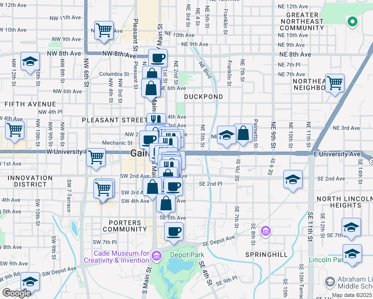 map of restaurants, bars, coffee shops, grocery stores, and more near 400 Northeast State Road 24 in Gainesville