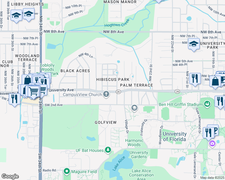 map of restaurants, bars, coffee shops, grocery stores, and more near 2618 West University Avenue in Gainesville